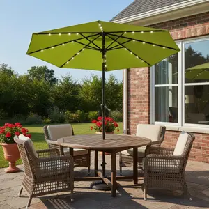 Garvee Upgraded 10FT Solar Patio Umbrella with 32 LED Lights – UV Protection, Crank Lift, Push Button Tilt, 8 Sturdy Ribs – Waterproof Outdoor Market Table Parasol for Garden, Pool, Deck, Patio Table – Color: Red