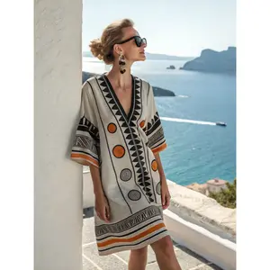 2026 New Hot-Selling Beach Vacation Style V-Neck Bohemian Printed Loose Beach Dress Vacation Style