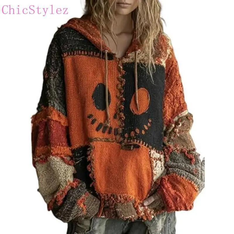 Lady's Large Longsleeves Hooded Neck Casual Pullover Sweatshirt - Spooky Face Print, Pumpkin Patchwork, Non-Knitted Halloween Sports Outerwear Top, 3Xl, 4Xl
