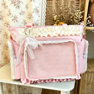 Cute Lace Ruffled Ita Bag Crossbody Backpack | Multi-Color Kawaii Lolita Clear Window Pin Display Handbag, Adjustable Strap Anime Collectible Pins Shoulder Bag for Daily Outdoor & Cosplay