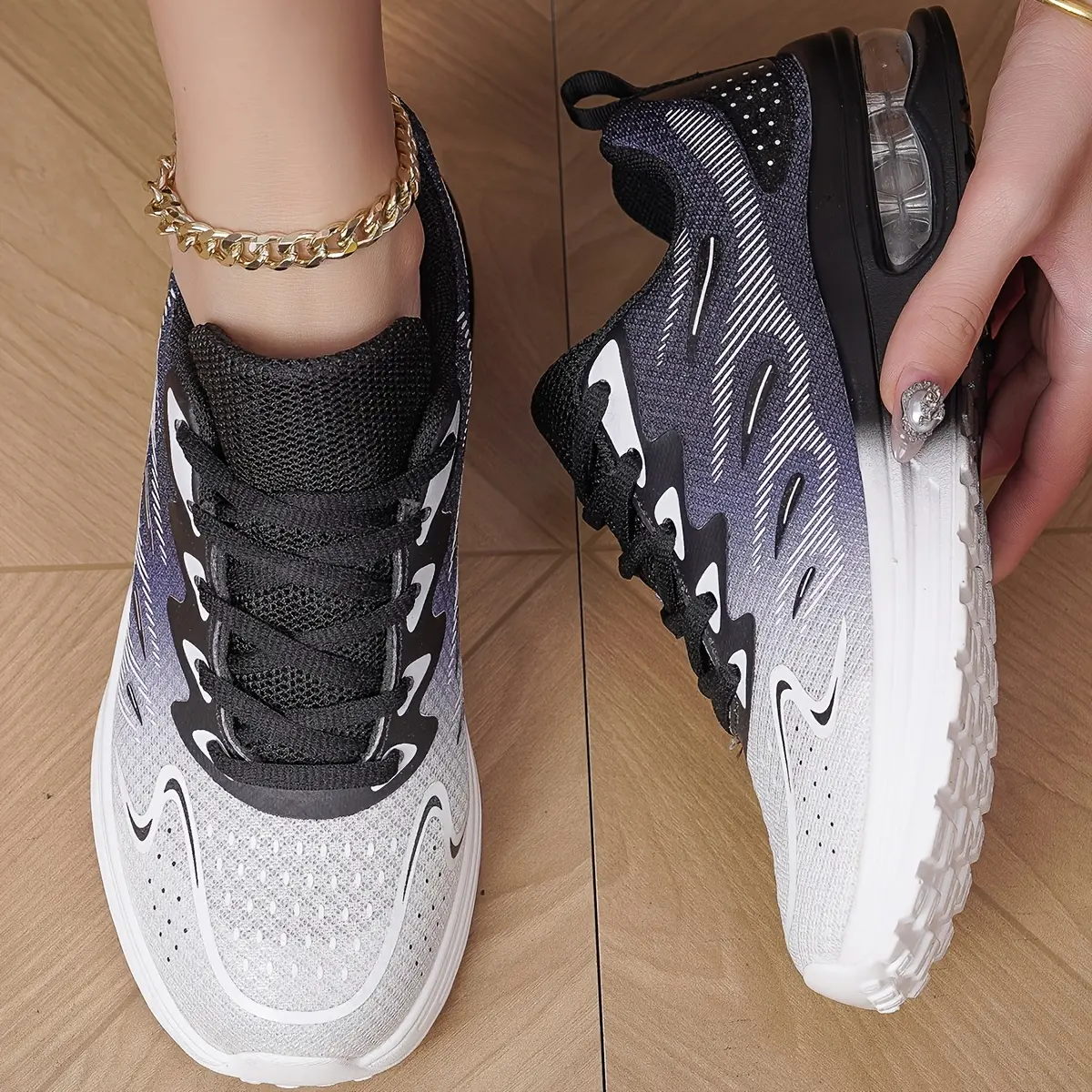 Women's Athletic Running Shoes - Breathable Knitted Shoelaces, Air Cushion Tech, Lightweight Low-Top Casual, Black Mesh, PU Bottom, All-Day Comfort, All-Weather, Yoga Walking Use, Fashionable Design, Soft Lining