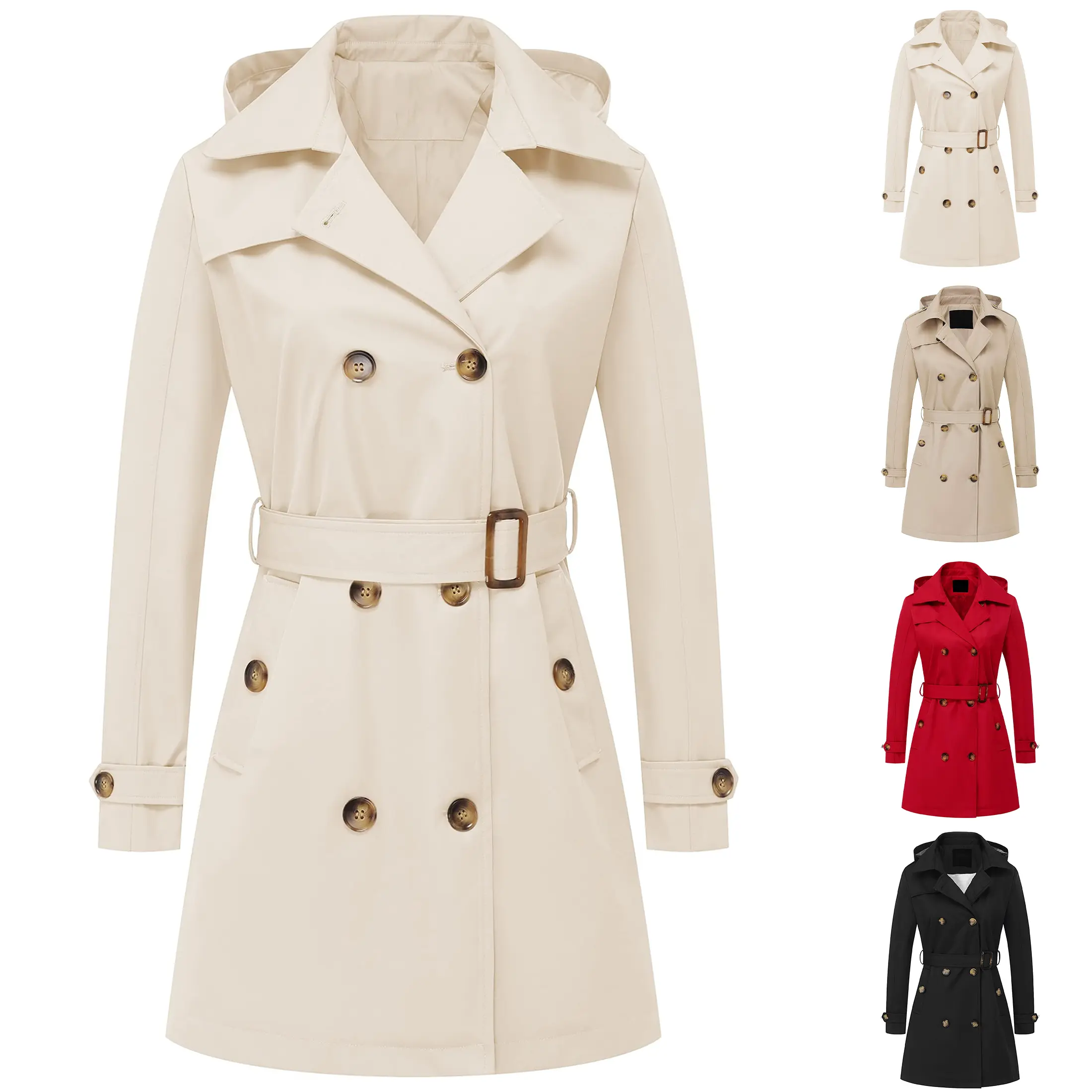 Buenoble Women's Detachable Hood Trench Coat Double Breasted Lapel Belted Slim Fit Mid-Length Overcoat Casual Fall Outerwear Jacket