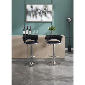 Set of 2 Velvet Bar Stools, Swivel Height Adjustable Mechanical Lifting, Chrome Base and Footrest, Simple Modern Barstools for Kitchen Island Counter Home Bar, Black, Living Room, Bedroom, Office, Living Room Table for Sofa Side, Bedroom