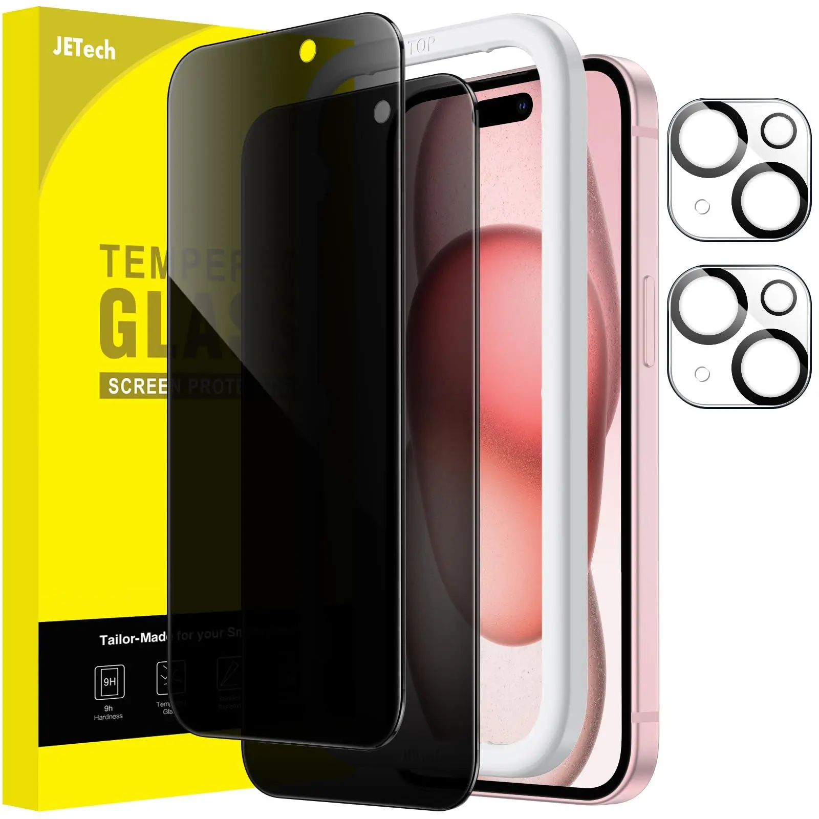 JETech Privacy Screen Protector for iPhone 15 Series with Camera Lens Protector, Anti-Spy Tempered Glass Film, Easy Installation Tool, 2-Pack Each