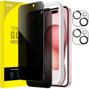 JETech Privacy Screen Protector for iPhone 15 Series with Camera Lens Protector, Anti-Spy Tempered Glass Film, Easy Installation Tool, 2-Pack Each