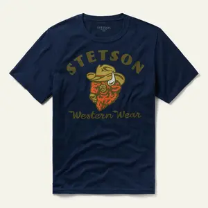 Stetson Unisex Bison With Cowboy Hat Navy 100% Cotton S/S T-Shirt