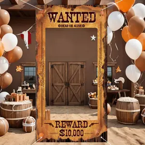 Large Cowboy Party Decorations Banners Western Wanted Photo Banner Fun Frame Prop Wild West Selfie Banner for Birthday Game Party Vintage Country Decor
