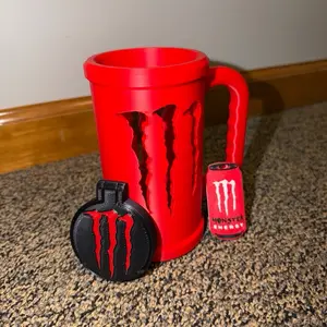 Monster Energy Red Mug with Lid Cap and Keychain Can Opener Bundle Pack for Energy Drink Enthusiasts