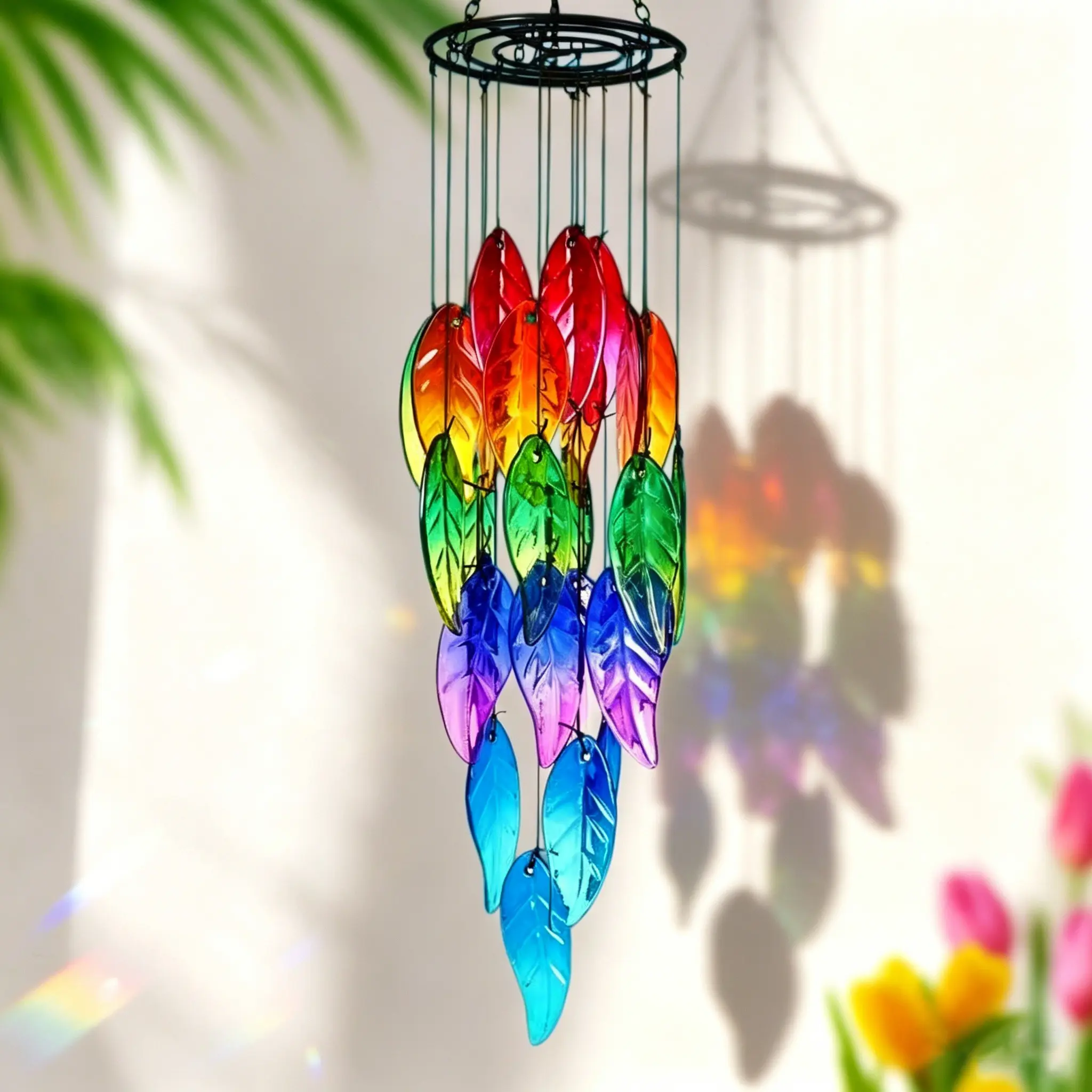 Handcrafted Stained Glass Leaf Prism Hanging Wind Chime, Vibrant Rainbow Leaf Forest Design, Durable Outdoor Decoration for Gardens, Patios, Pools