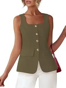 Womens Sleeveless Vests Dressy Casual Square Neck Business Work Waistcoat Summer Button Up Blazer Vest Tops