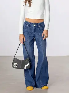 Women's Plain Button Fly Flare Leg Denim Pants, Casual Comfy Bell Bottom Trousers for Daily Wear, Ladies Bottoms for All Seasons