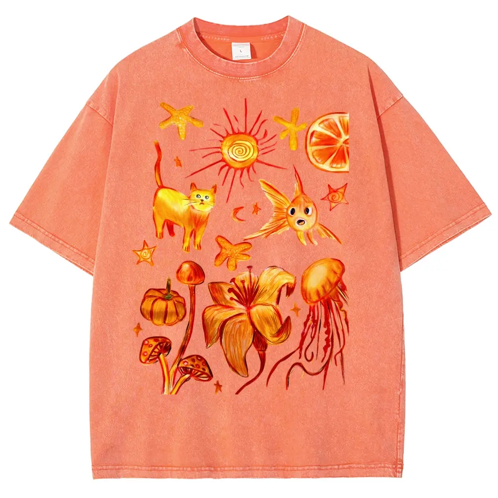 Orange World Retro Hand Painted Whimsical Orange Nature Vintage Tee 90s Graphic Tees Men's t Shirts Graphic Tee t Shirts Funny Graphic Tee Good Graphic Tees Men's Graphic Tees Streetwear Outfits Men Vacation Outfits Oversized Tshirt Men