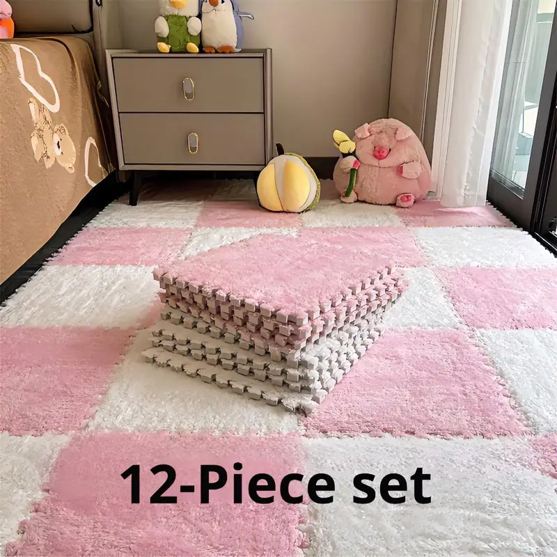12 Pcs Thick Plush Interlocking Floor Mats, Non Skid Mats, Soft Fluffy Puzzle Carpet Tiles, Fluffy Rugs, Non-Slip Anti-Slip Splice Play Mat, Shock Absorption Floor Cushion for Kids Bedroom Living Room Game Room Home Decor