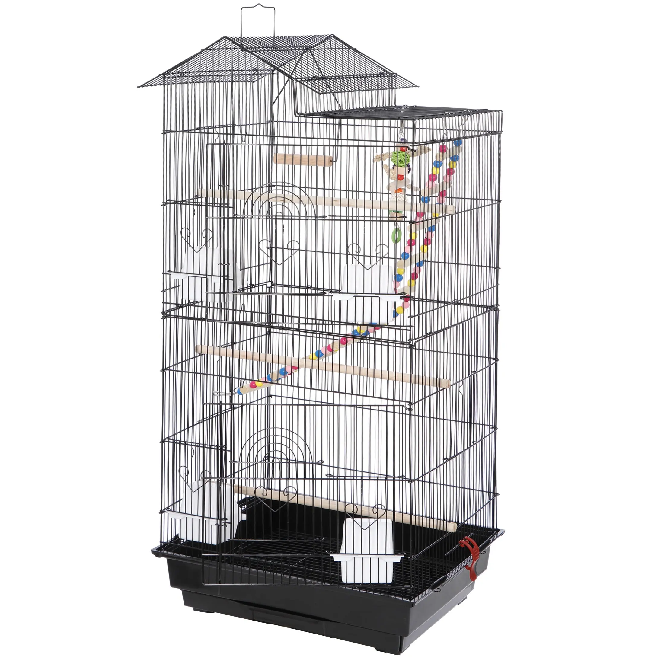 39" House-Shape Large Iron Parakeet Cage, Durable Metal-Frame Pet Bird Cage, Portable Design, Spacious Interior, Feeding Doors, Rolling Base, Black Bird Supply Accessory, Parakeet Cages