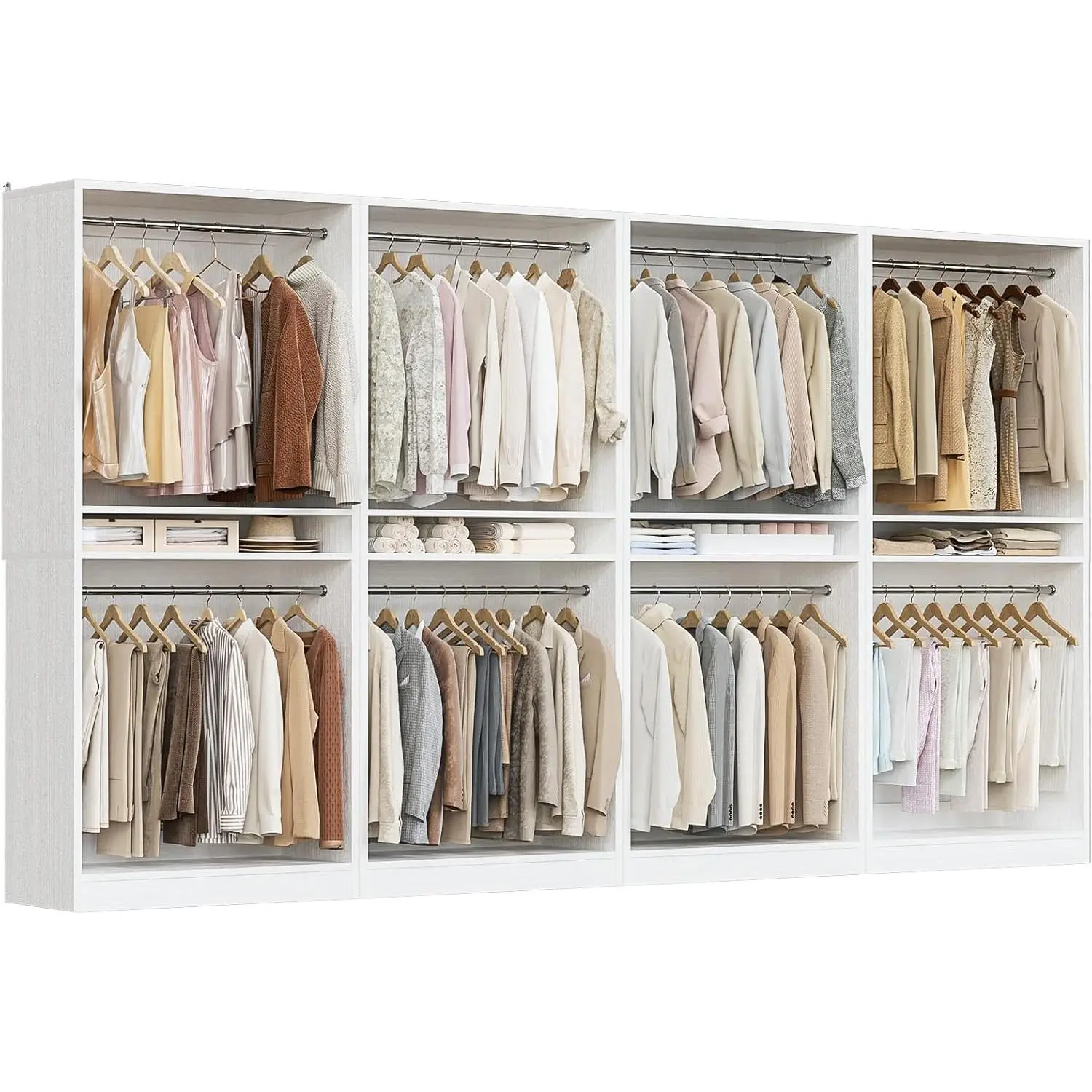 Unikito 12FT Modular Closet System with 8 Hanging Rods, 2800LBs Wood Garment Rack, 4-Pieces Ultra-Wide Walk-in Closet Organizer, Freestanding Clothing Shelves