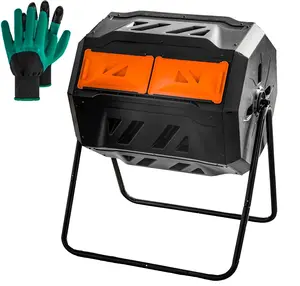 Hourleey Compost Bin Outdoor, 43 Gallon Dual Chamber Tumbling Composting Bin with Sliding Doors, Tumbler Rotating Batch Composter Bin for Garden Kitchen Yard Household Items