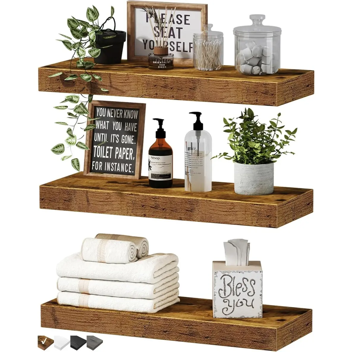 Floating Shelves for Wall Bathroom Shelf Bedroom Kitchen Living Room Hanging Book Shelves Small Farmhouse Decor 16 inch Set of 3, Rustic Brown, Wall Mounted Shelf, Wall Organizer Shelf