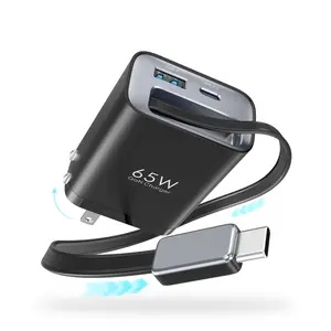 TOPADRE 65W Portable Fast Charger, Retractable Wall Charger with Built-in Cable, 3-Port USB Charging Block for Mobile Smartphones, Cellphones, iPhones, Laptops & Electronic Devices