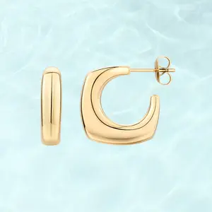 PAVOI Waterproof Open Chunky Hoop Earrings - 14K Gold Plated Thick Gold Square Hoop Earrings for Women  - Stainless Steel Lightweight Trendy Summer Jewelry