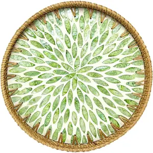 Round Rattan Tray with Mother of Pearl Inlay, Decorative Rattan Serving Tray for Home Boho Decor, Coffee Table, Bread, Food, Tea, Ottoman Trays-Fruit Wicker Basket, 100% Natural Materials Green- 13.8"