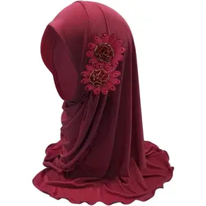 Little Girls Lovely Muslim Hijab with Flower Design, Soft One Piece Headscarf Anti-UV Islamic Turban Hijab for 2-6 Yrs