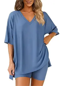 Aesthetic Cozy Women's Two-Piece Pajama Set Oversized V-Neck Tee High-Waist Biker Shorts Matching Lounge Set Super Soft Stretchy Everyday Home Wear Pajama Set