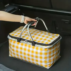 Large Outdoor Picnic Insulated Basket; Portable Tin Foil Thermal Bag with Handle Fold-Down Steel Frame Structure and Storage Compartment