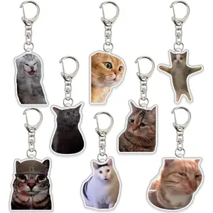 Funny Cat Keychain Set - 8 Kawaii Meme Talking Cat Keyrings with Lobster Clasps, Cute Acrylic Charms for Bags Keys Backpack, Unique Gift for Friends Personality Vibrant Pop