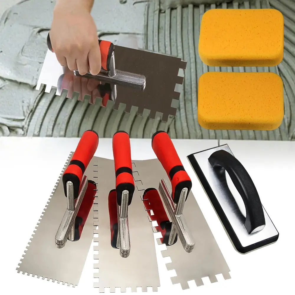 Tile Tools Stainless Steel Square Notch Trowel Set Plus Rubber Grout Float and Grout Sponge for Tiling Installation Grouting