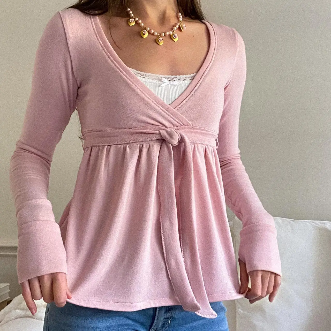 Y2k Fairy Grunge Tops for Women Long Sleeve V NeckFit Shirts Top Vintage Aesthetic 2000s Girl T Shirts