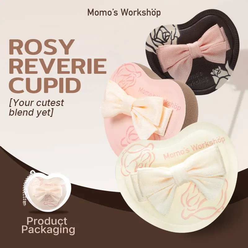 Momo's Workshop Rosy Reverie Cupid Mallow Puff Trio, Suitable for foundation, Concealer, Blush, Handle makeup details, Three different bow heart powder puffs, Exquisite and cute, Durable, Cosmetics, Travel Friendly, Reusable & Storage Case
