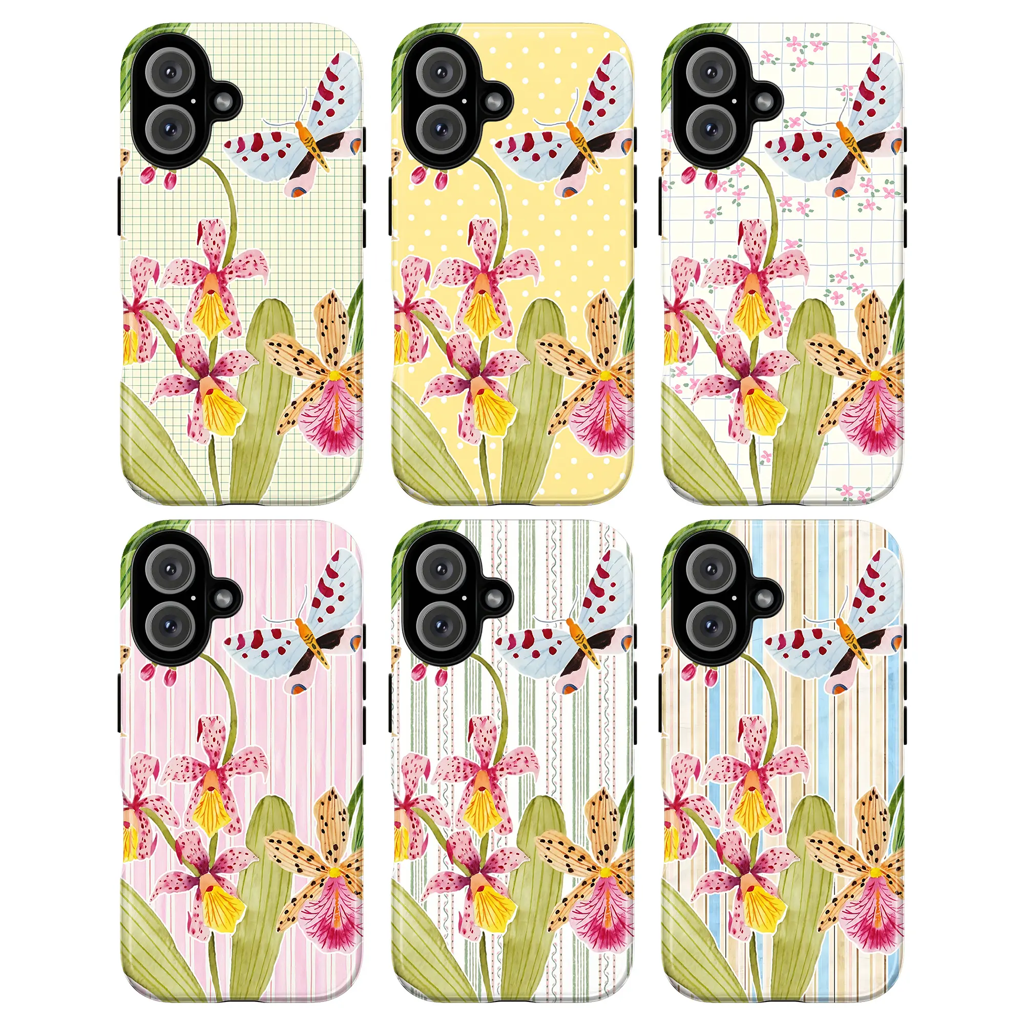 Preppy Floral Phone Case  – Cute Coquette Orchid & Butterfly Phone Cover for iPhone 11–17 & Galaxy S21–S26, Cottagecore Wildflower Tough Case, Y2K Pastel Gingham & Polka Dot Pattern, Trendy Gift for Her