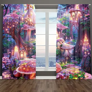 2pc Sparkling Crystal Mushroom Forest Pocket Rod Digital Print Curtains, Sheer Polyester Suitable for Living Room, Kitchen, Bedroom & Home Decor