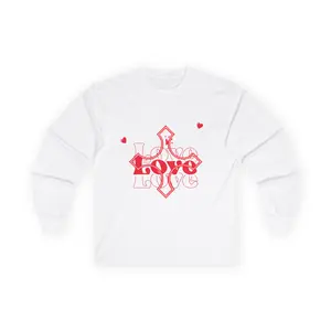 Love Cross Long Sleeve Tee — Retro Red Heart Graphic
