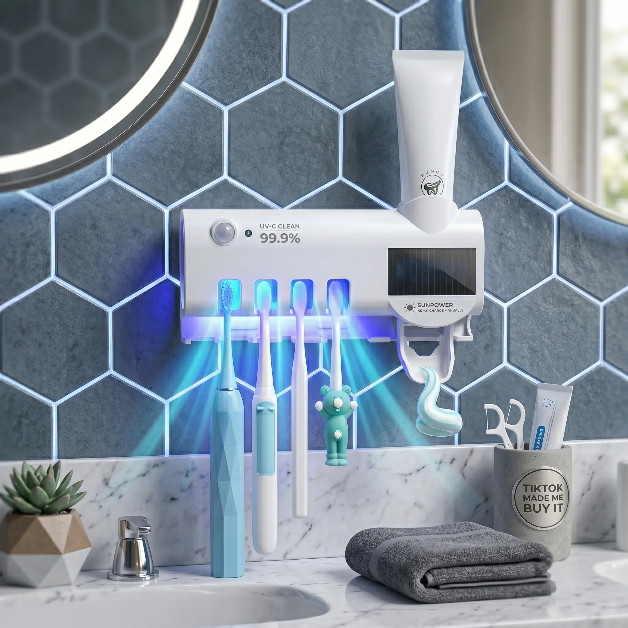 UV Sanitizer Wall-Mounted Toothbrush Holder with Toothpaste Dispenser, Modern Bathroom Accessory, Home Supplies Storage Organizer