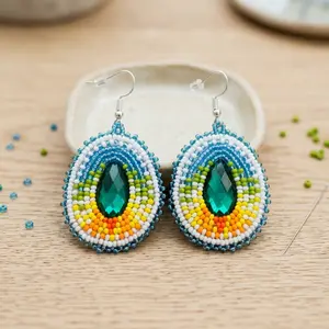 Handmade Beaded Rainbow Earrings, Native Inspired Seed Bead Jewelry, Teal Crystal Teardrop Statement Dangles, Southwestern Boho Beadwork
