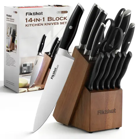 FIKSHOT 14pcs Kitchen Knife Set with Wooden Holder, High Carbon Rust-proof Steel Full Tang Blades, Ergonomic ABS Handles, Sharpener, Steak Knives, Dishwasher Safe - Professional Kitchenware Cutting Gift for Mothers (Thanksgiving)