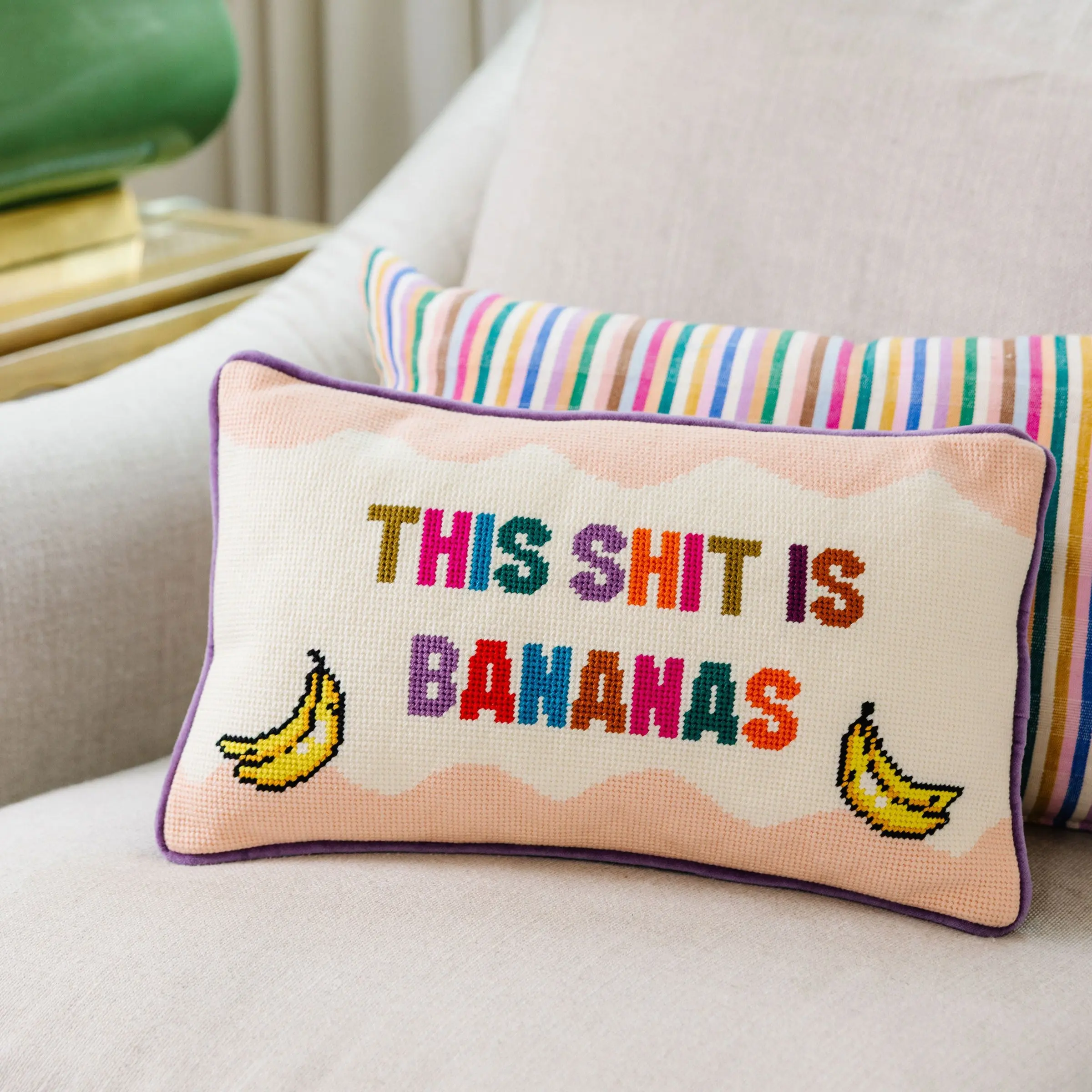Velvet Needlepoint Pillow - Banana Themed, Dopamine Decor, Cozy Aesthetic Bedding Accessory with Charming Sayings for Beds