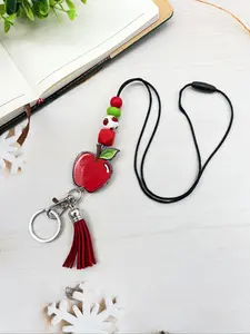 Teach Theme Keychain with Colorful Beads & Tassel Design, Apple Pencil Shape, Perfect Teacher Gift, Back-To-School Present