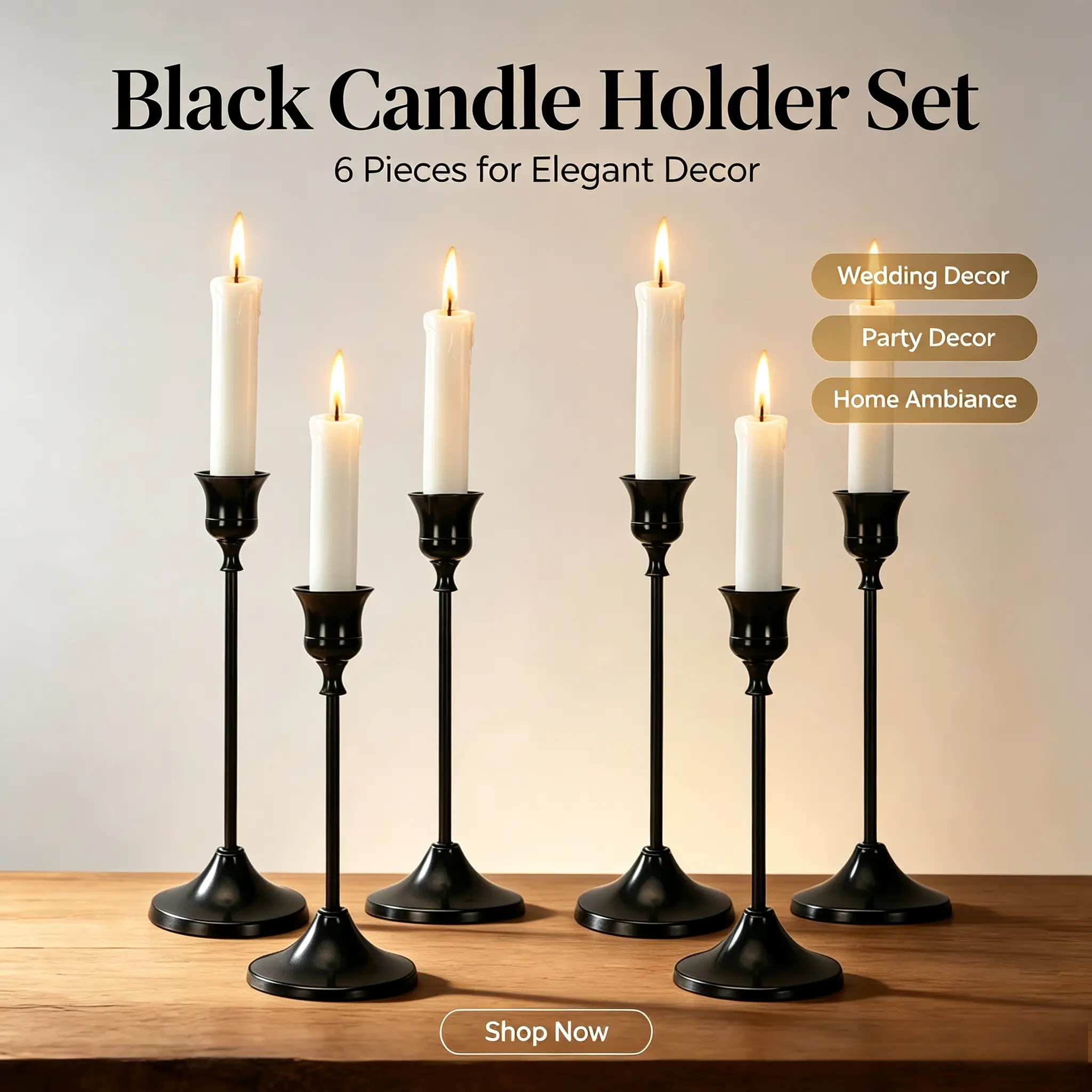 6Pcs Black Taper Candle Holders, Table Centerpieces for Dining, Halloween, Christmas Party, Housewarming, Fall, Ceremony & Home Decor, Candles Not Included