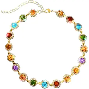 Women's Colorful Crystal Choker Necklace, Sparkly Rhinestone Gold Chain Fashion Matching Necklace for Party, Prom (Costume Jewelry Accessory)