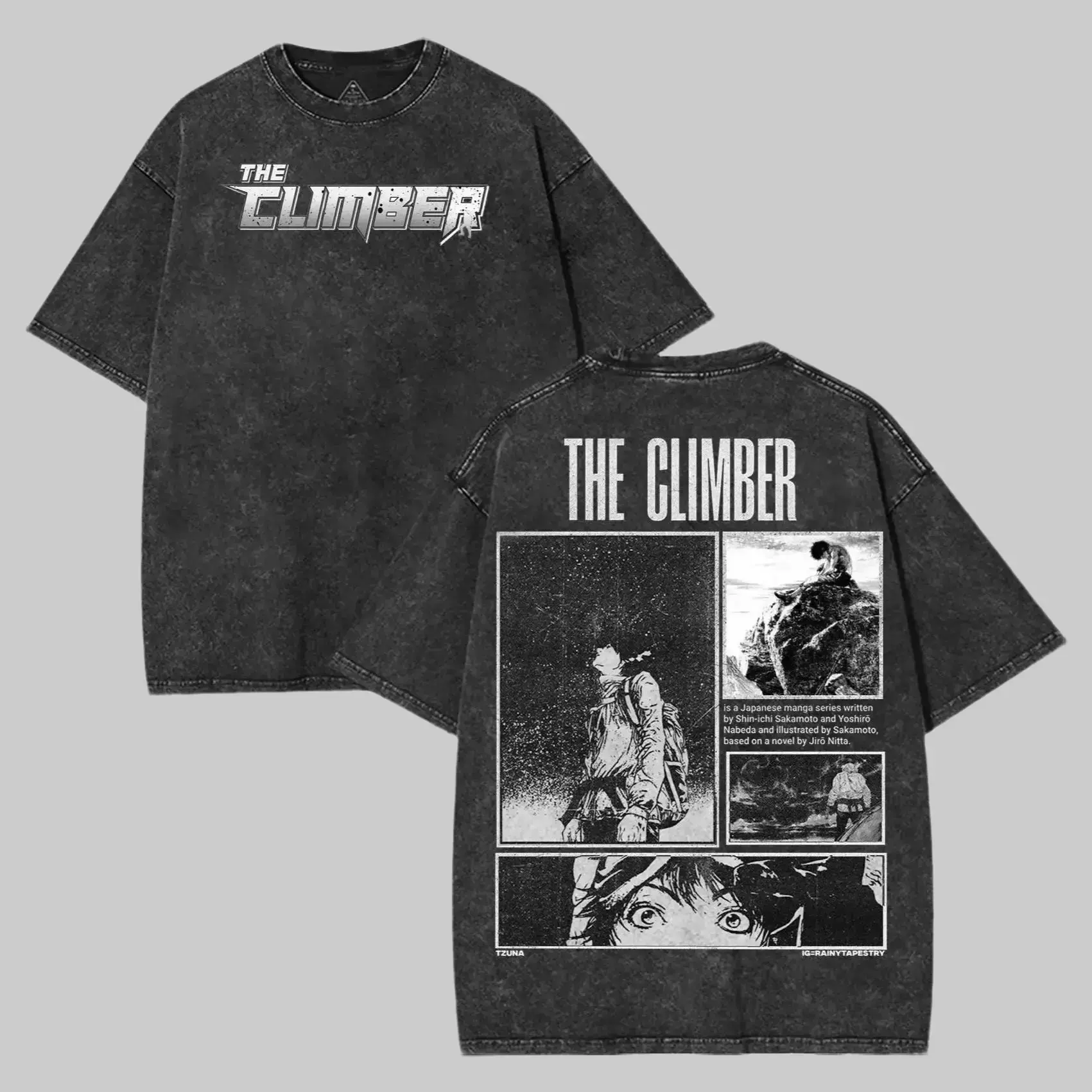 Men's Vintage Washed Climber Manga Graphic Short-Sleeve T-Shirt, Heavyweight Oversized 90s Retro Anime Techwear, Unisex Casual Baggy Male Clothing Top (Black), Shortsleeve