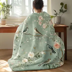 Vintage Flowers Birds Flannel Blanket Retro Floral Nature Pattern Soft Warm Cozy Nap Throw Plush Bedding Aesthetic Cottagecore Home Decor Sofa Couch Travel Wrap Lightweight Elegant Gift