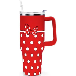 Cartoon Mouse 40 Oz Stainless Steel Insulated Tumbler - Portable Classic Stylish Drinkware with Lid, Straw, Handle, Red Bowknot - Ideal for Beverages, Birthday Christmas Gift