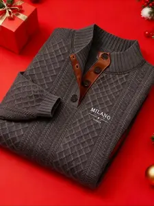Men's Christmas gift letter printed stand collar button jacquard long sleeve sweater, Casual chic knitwear, Casual Fashion Knitwear, half open front autumn and winter men's daily wear top, outdoor shopping, party, dating. Grey