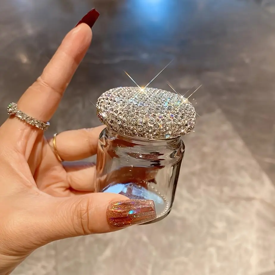 Rhinestone Decor Storage Bottle, Mini Portable Compact Clear Glass Decorative Storage Jar Canister with Artificial Diamond Decor Cover, Clear Glass Containers, Home Organizer for Living Room Bedroom Office Travel Decoration