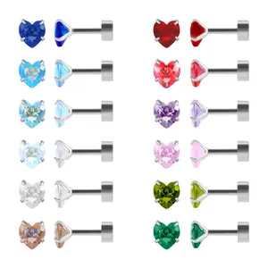 12 Pairs Stainless Steel Stud Earrings for Women, Princess Cut Heart Cubic Zirconia Stud Earrings,  Birthstone Earrings Stud Set  3mm 4mm 5mm