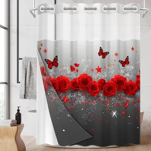 1pc hookless shower curtain with buckle lining, Bathroom Curtain, red rose butterfly star design 2D print, fabric waterproof lining with see-through window double layer, 71 x 74 inches, home decoration