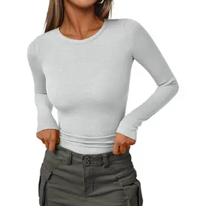 Women's Ribbed Fleece Tshirt, Round Neck Longsleeves Fitted Top - Casual Underscrubs Layering Basic Slim Sports & Outdoor Fabric Top