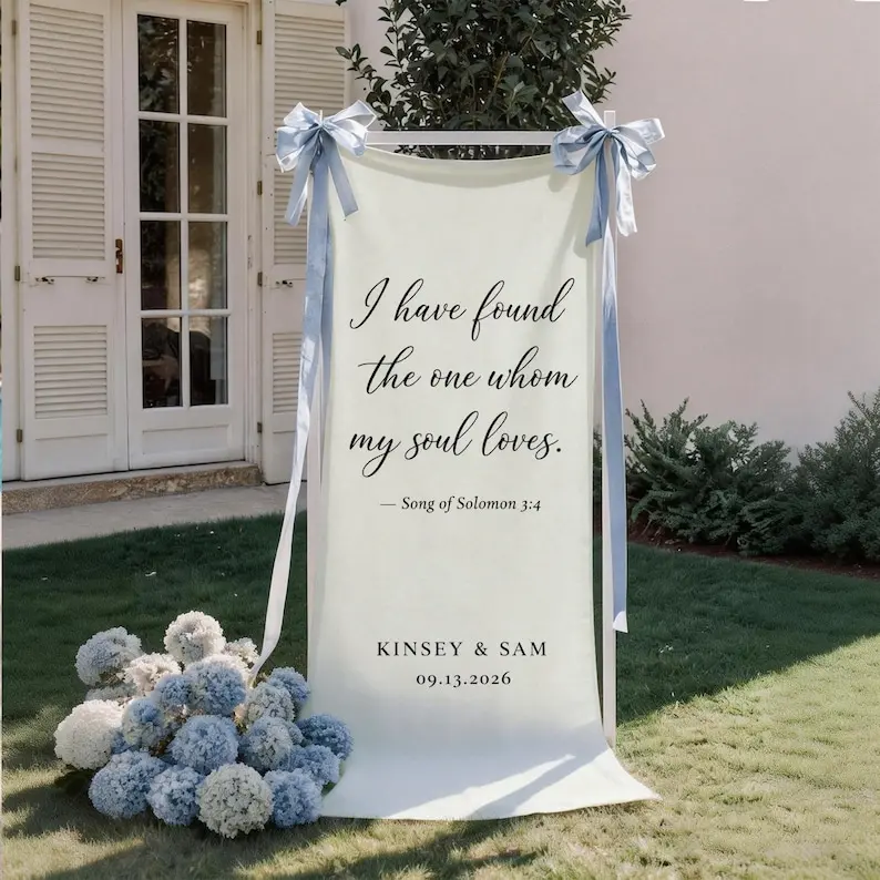Religious Wedding Banner Linen: Personalized Song of Solomon 3 4 Scripture Ceremony Sign